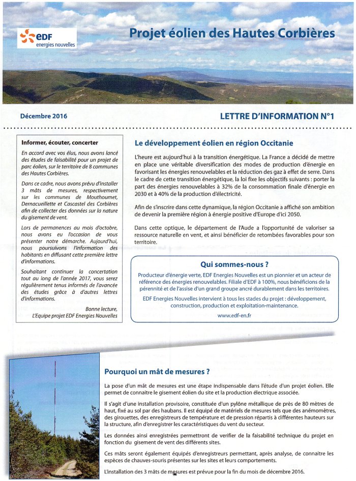 Projet Eolien des Hautes Corbières Lettre 1