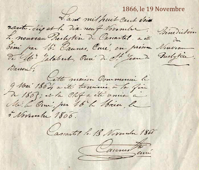 19 Novembre 1866, Bénédiction du Presbytère restauré